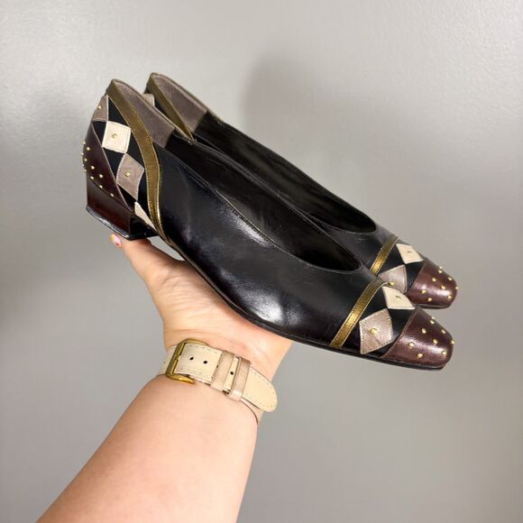 Vintage 80s Margaret Jerrold Kitten Heels 6 M Leather Brown Artsy Diamond Whimsy - Picture 1 of 9